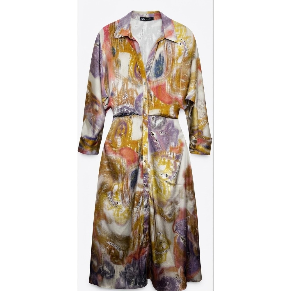 Zara Abstract Print Satin Shirt Dress Womens Large Multicolor Midi Good